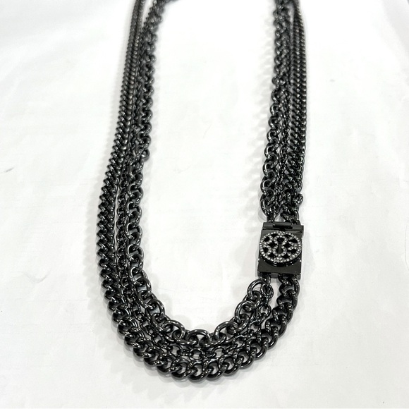 NWOT COACH Op-Art Gunmetal Multi-Chain 3-Strand Tiered Necklace Crystal Clasp - Picture 4 of 16